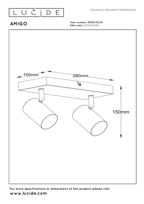 Lucide AMIGO - Ceiling spotlight - 2xGU10 - White - technical